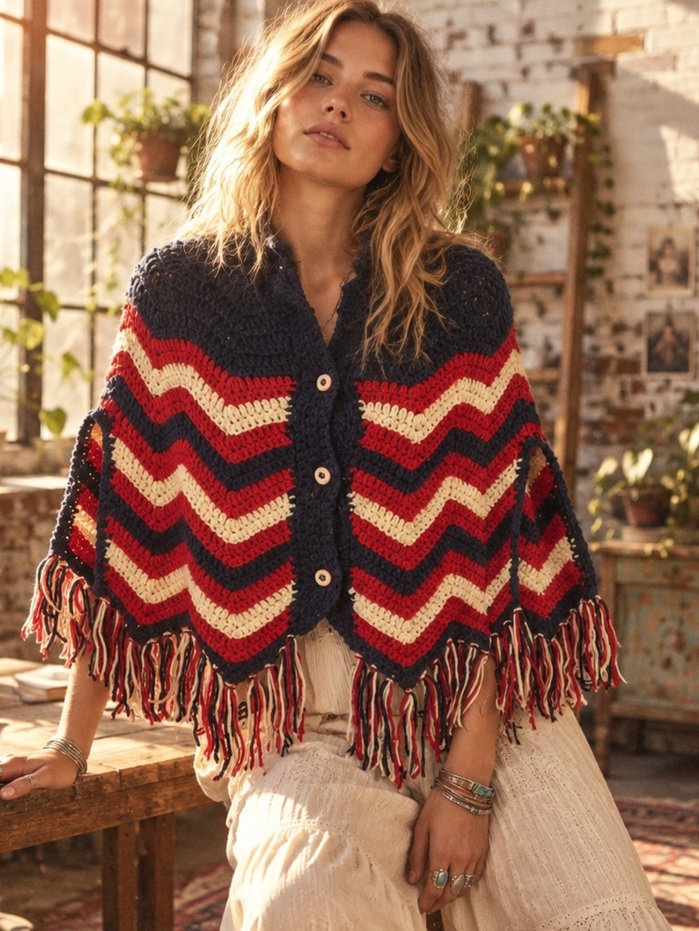 Chevron Crochet Fringe Poncho Sweater - Navy/Red/Cream
